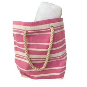 Pink and Cream Striped Beach Bag Tote with Rope Handles Excellent Used Condition